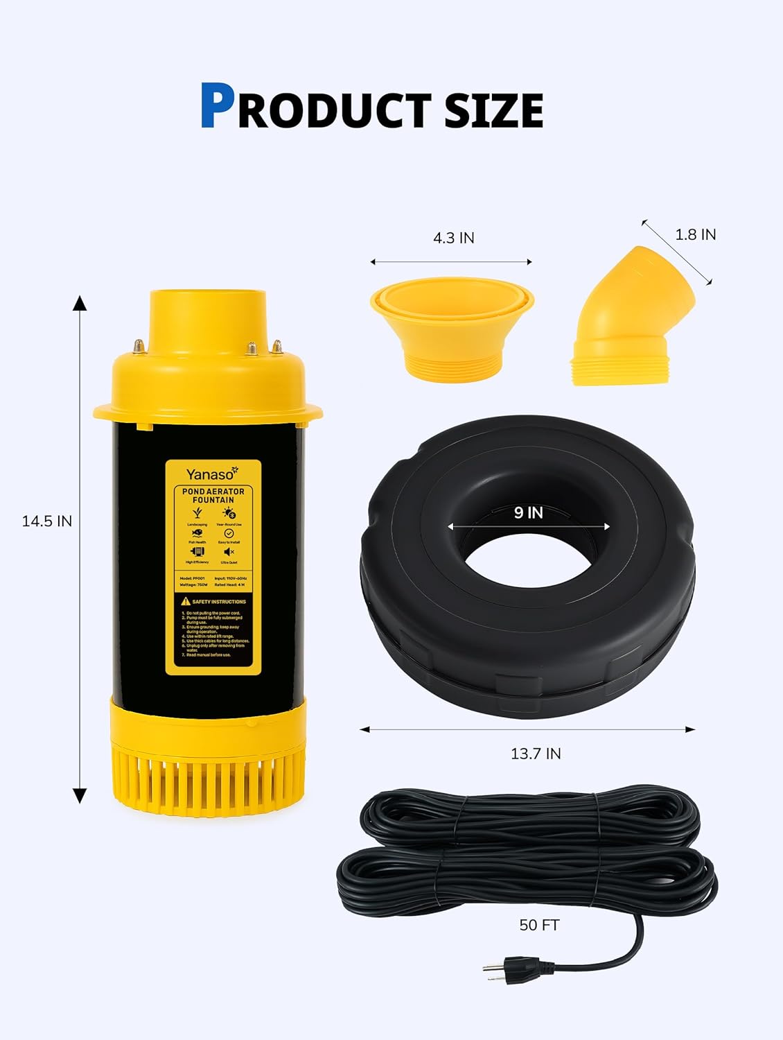 Pond Fountain Aerator Pump with Timer, 50ft Power Cord, 2 Spray Patterns, Energy-Efficient Water Circulation for Ponds & Lakes, Easy Installation