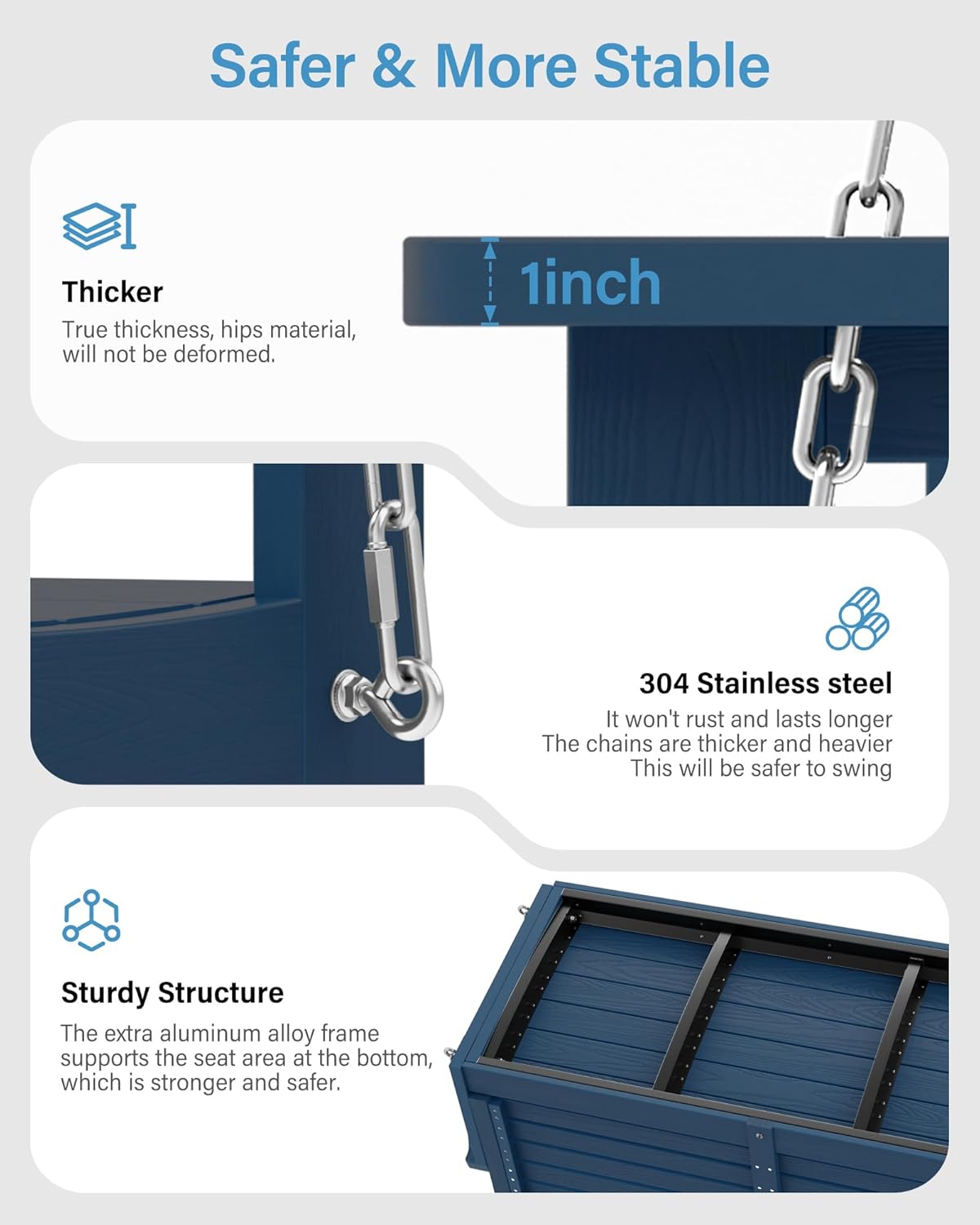 YEFU Hanging Porch Swing Outdoor,2-Seat Patio Swing Bench,All-Weather Swing Chair with Hanging Chains,Look Like Real Wood,for Garden and Courtyard,660LBS Weight Capacity,4FT,Navy Blue