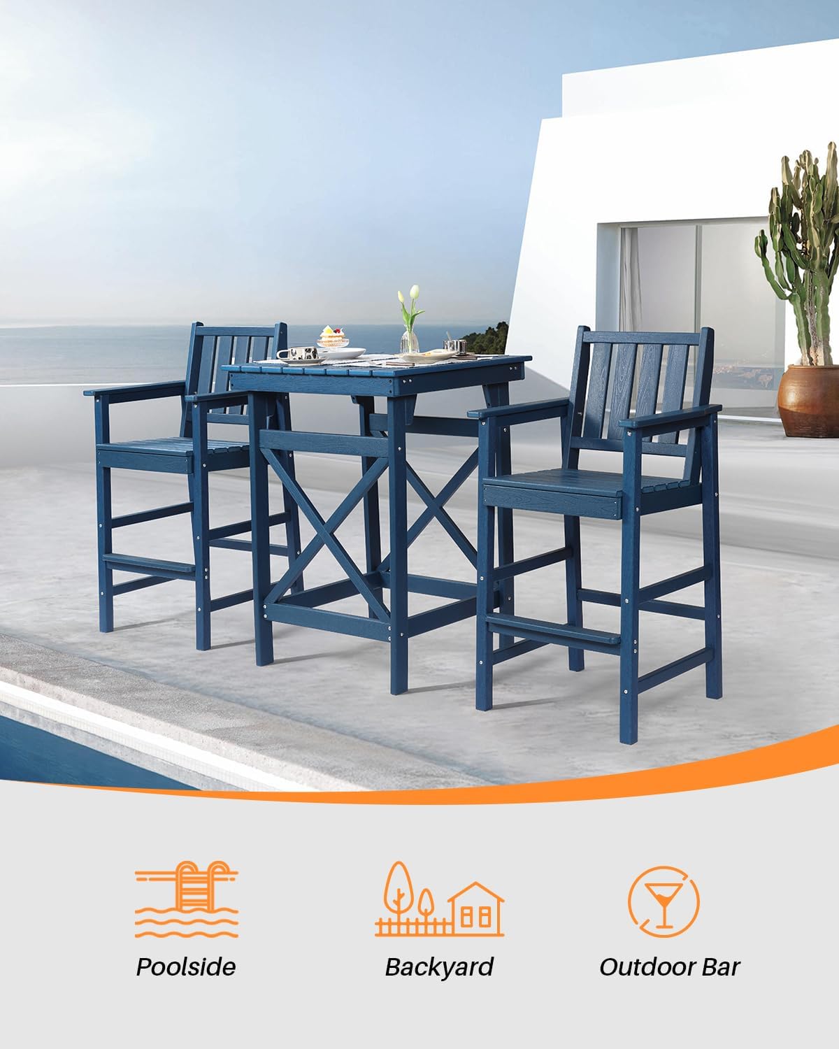 HDPE Outdoor Bar Table, 41" Adirondack Outdoor Bar Height Table, All Weather HDPE High Top Pub Table, Square HDPE Patio Bar Tables for Balcony, Deck, Backyard, Poolside, Navy