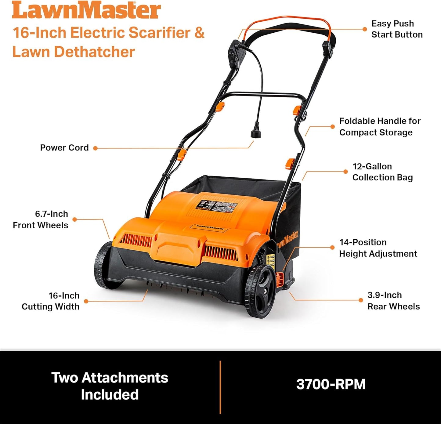 LawnMaster GVB1316 Electric 16” 13 Amp Dethatcher and Scarifier with 12 Gallon Collection Bag