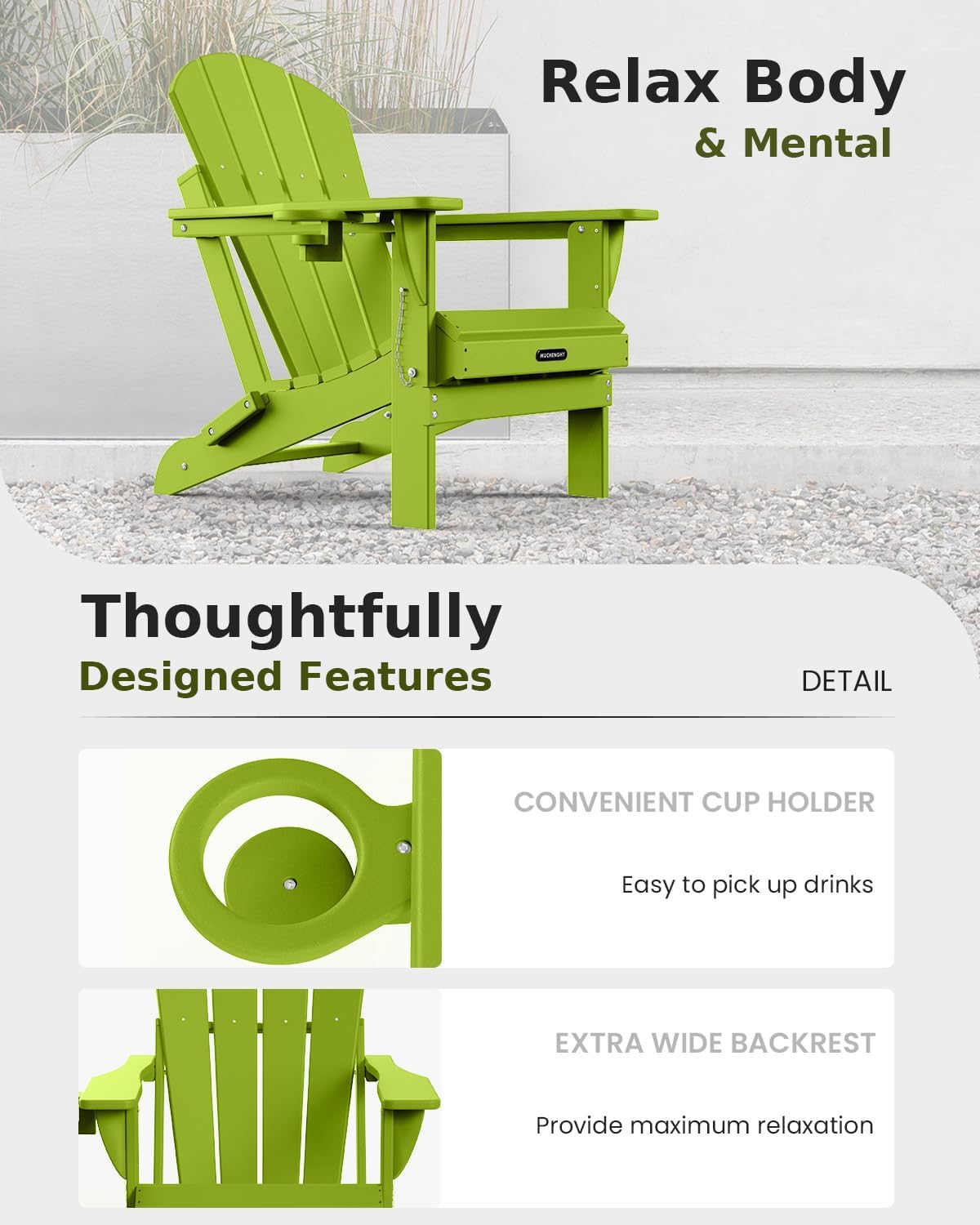 MUCHENGHY Folding Adirondack Chairs Set of 4, Patio Chairs, Lawn Chairs, Outdoor Chair, Adirondack Chair Plastic, Fire Pit, Weather Resistant with Cup Holder for Deck, Backyard, Garden(Lemon Green)
