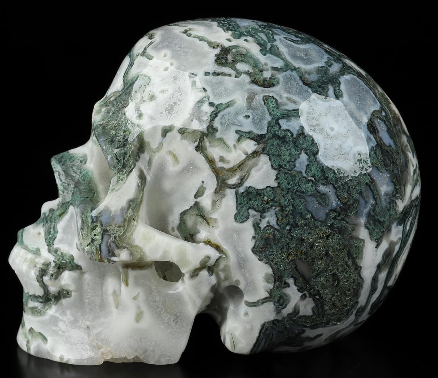 Skullis 5.0” Green Moss Agate Crystal Skull, Hand Carved Gemstone Fine Art Sculpture, Reiki Healing Stone Statue.2054