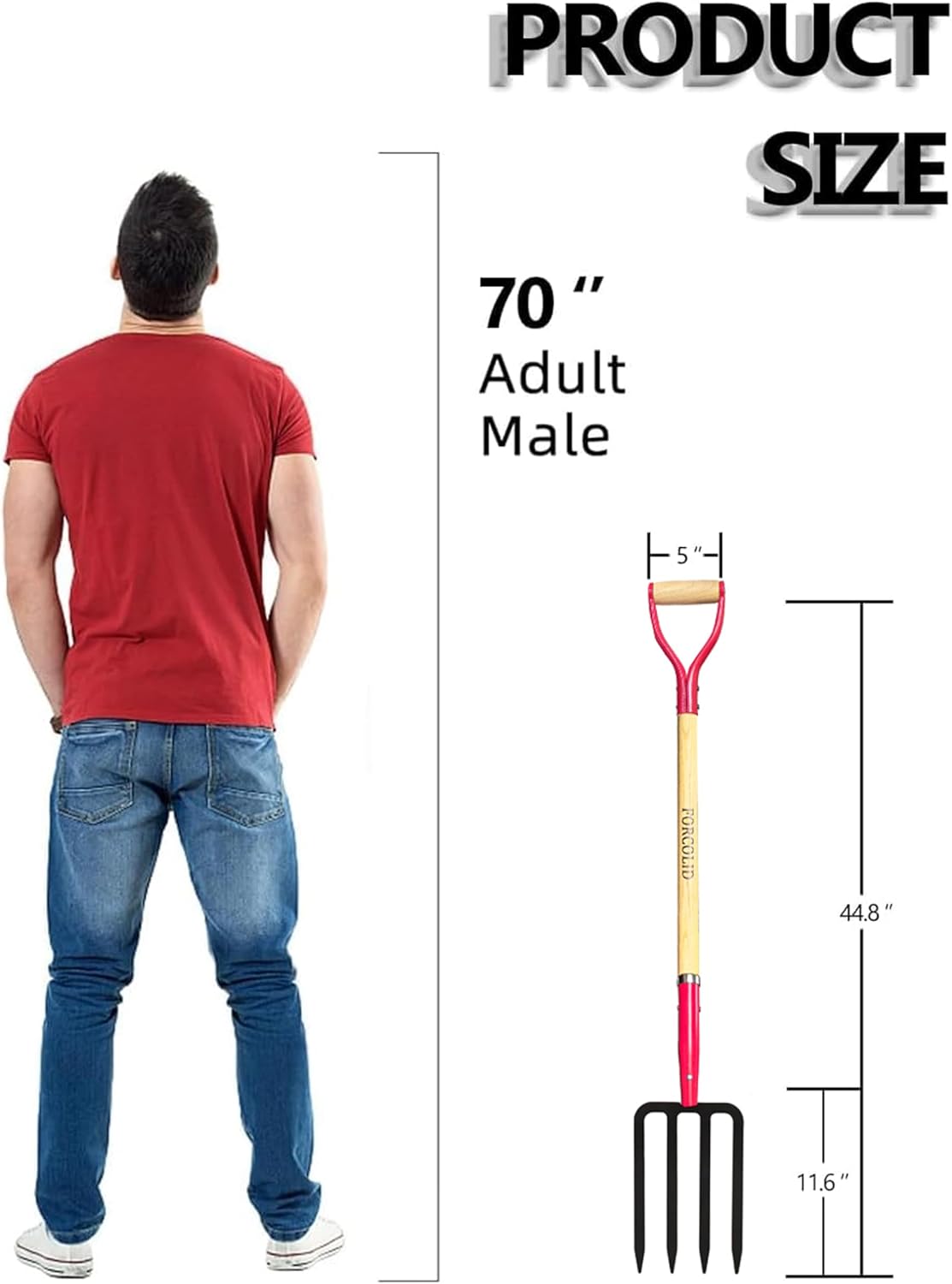 Garden Fork, 4-Tine Spading Digging Fork, Pitch Fork-45Inch, Forged Steel Y-Grip, Wood Handel-Red