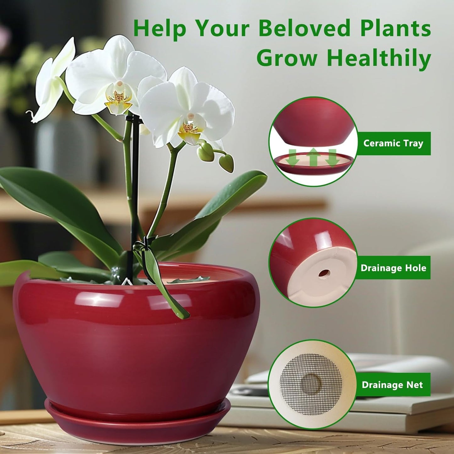 Ceramic Plant Pot 9 Inch - Planter Pot with Drainage Hole and Saucer, Round Large Planter for Indoor Plants, Outdoor Flower Pot for House Patio Decor, Red