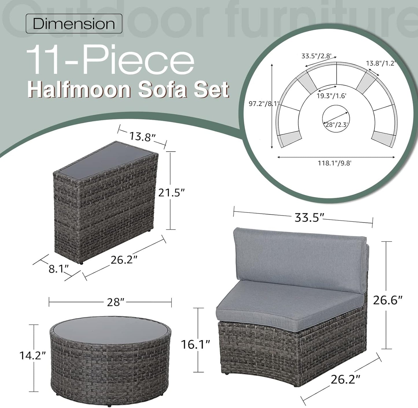 SUNSITT Outdoor Patio Furniture 11-Piece Half-Moon Sectional Round Set Curved Sofa with Tempered Glass Coffee Table, 4 Pillows, Grey Rattan