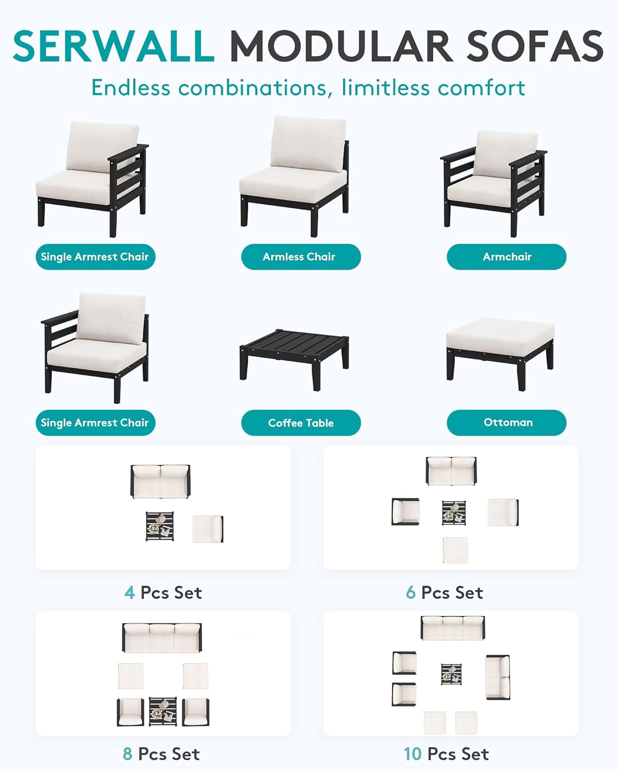 SERWALL HDPE Patio Furniture Set, 6 Pieces Outdoor Sectional Sofa Set, All-Weather Wood-Like Outdoor Sofa Couch with Coffee Table for Deck, Lawn, Black Frame with Khaki Cushion