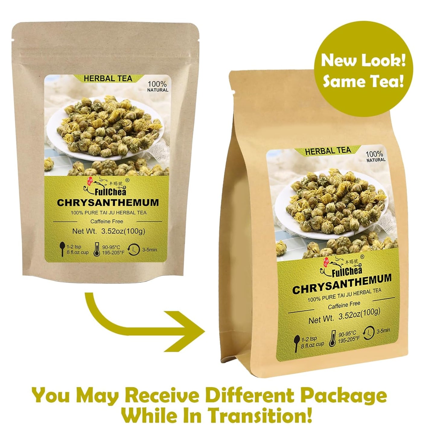 FullChea - Top Grade Chinese Chrysanthemum Tea - 3.52oz/100g - Premium Natural Dried Chrysanthemum Flower - Tai Ju Herbal Tea Loose Leaf - Non-GMO - Caffeine-free - Sweet & Fresh