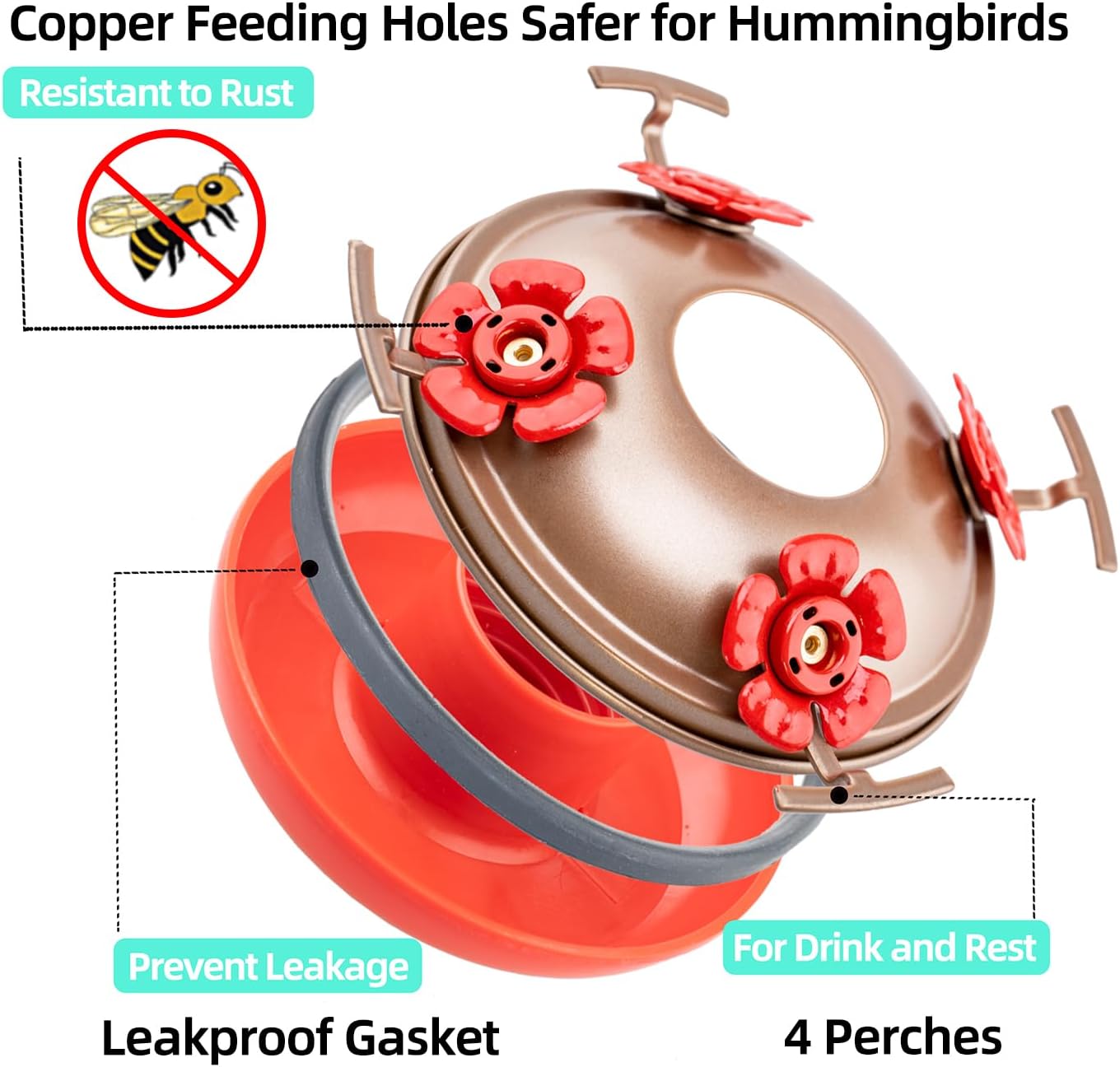 Hummingbird Feeders for Outdoors Hanging, 32OZ Hand Blown Glass Hummingbird Feeder for Outside, 4 Perch Ant Moat Leakproof, Garden Decor, Backyard Bird Gifts for Mom (Orange)