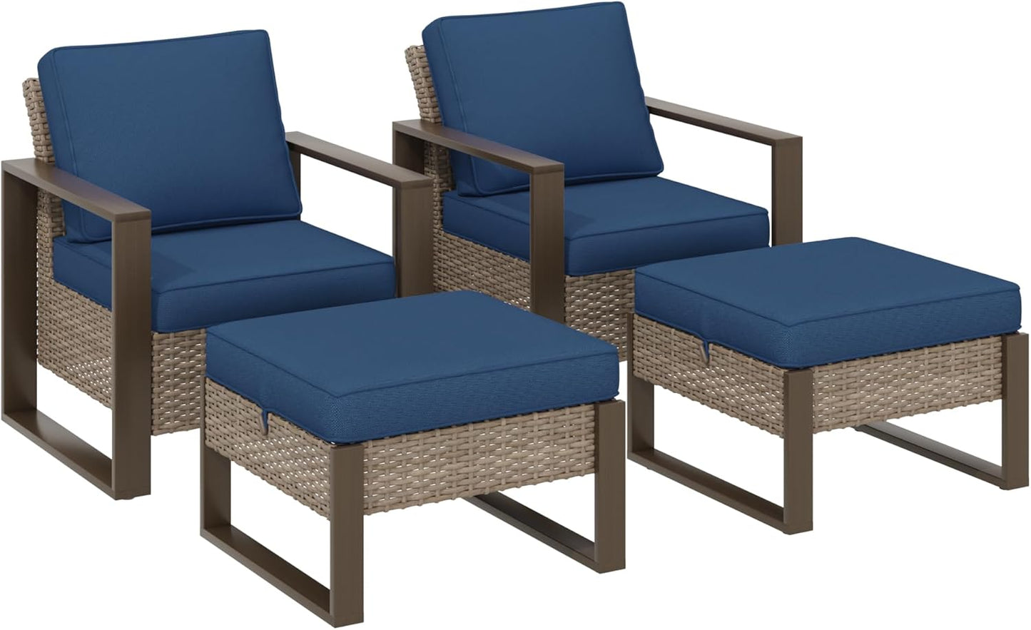 Outdoor Wicker Metal Chairs Set of 2 with Two Ottomans - 4 Pieces Patio Bistro Set with Rectangular Framed Wood-Looking Metal Armrest & Removable Cushions for Poolside, Terrace, Dark Blue