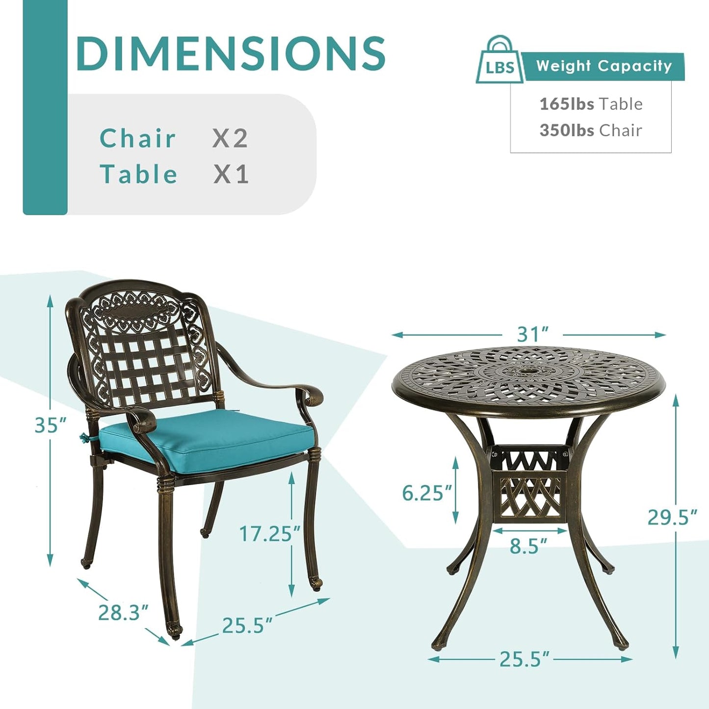 MEETWARM 3 Piece Patio Bistro Set, Outdoor All-Weather Cast Aluminum Dining Furniture Set Includes 2 Chairs with Cushions and a 31” Round Table with Umbrella Hole for Garden Deck, Ocean Blue