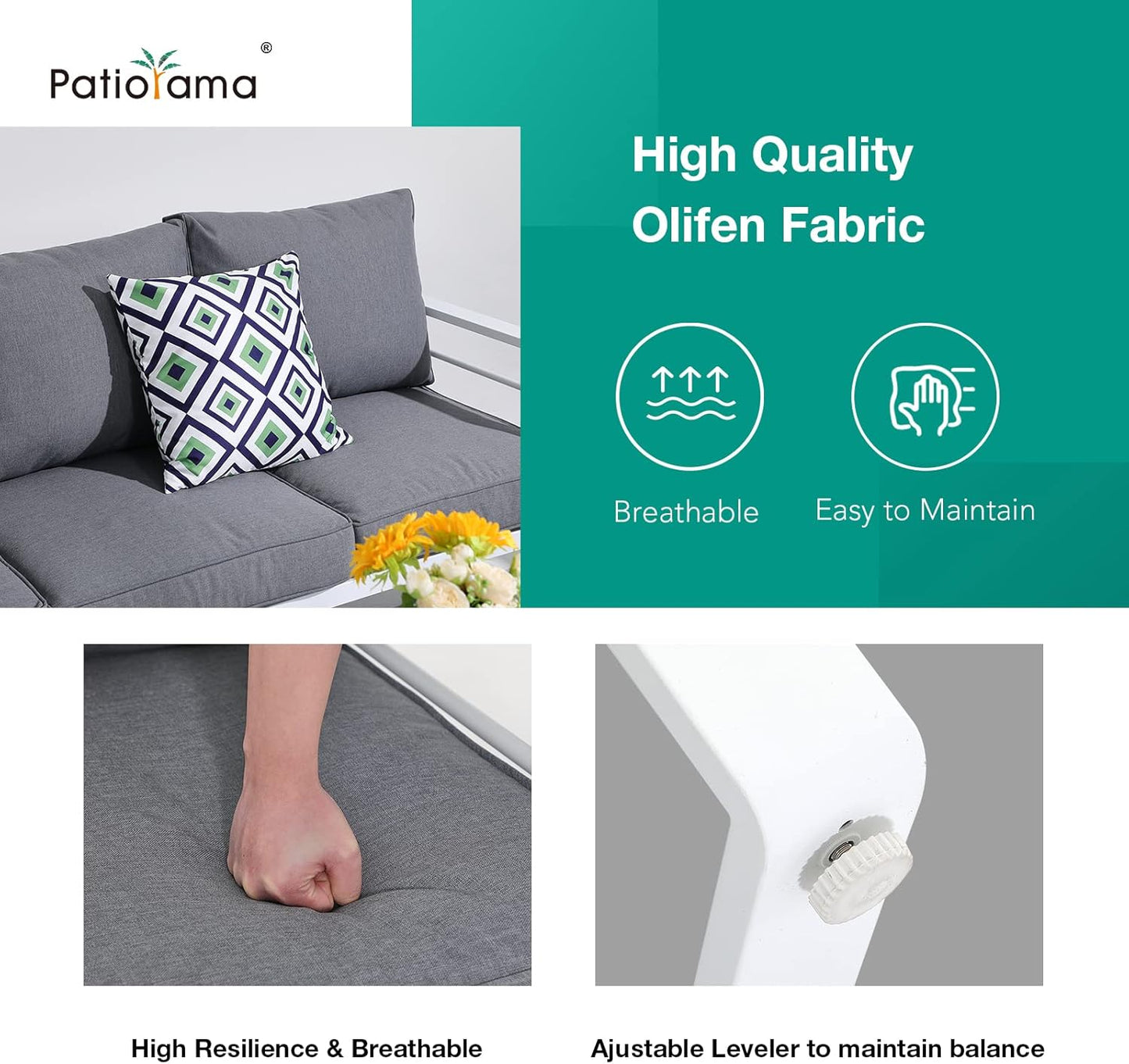 Patiorama Aluminum Patio Furniture Set, Outdoor Patio Loveseat, 2 Seat Sofa Couch, All Weather White Metal Chair with Olefin Cushion, Deep Seating, 600 lbs Capacity, Deck, Garden-Grey Cushion