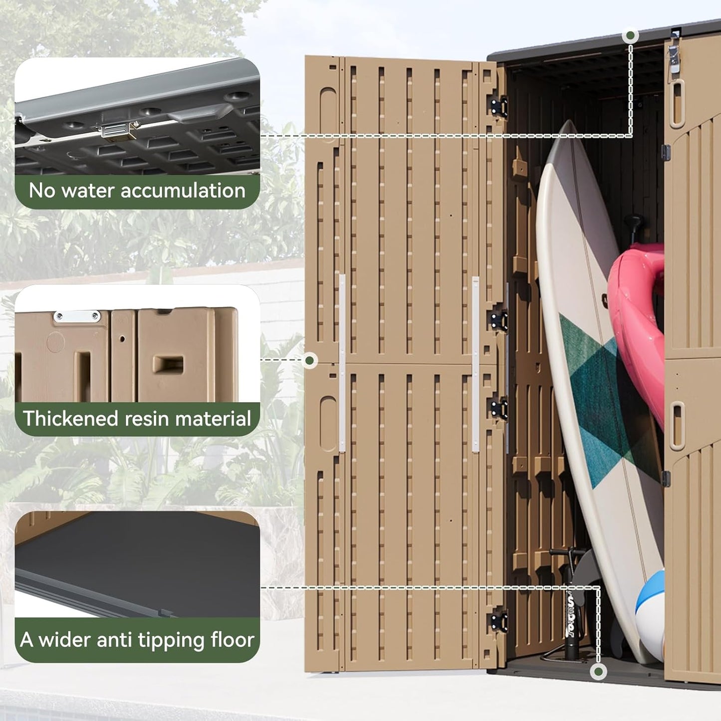 Aoxun Outdoor Storage Shed with 2 Shelves & Floor, 64 Cu.Ft Large Outdoor Storage Cabinet, Waterproof Vertical Resin Shed for Garden Tools, Pool Equipment, Brown