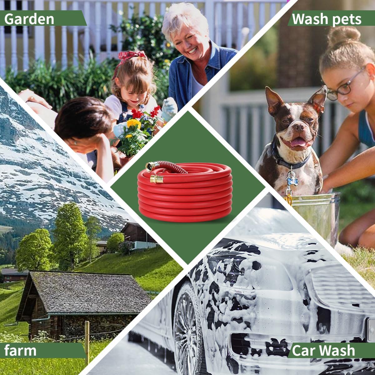 50FT 5/8 Heavy Duty Rubber Garden Hose - 200psi Working, 1000psi Burst - Hot/Cold Water - Five-Layered Braiding for Durability - Versatile for Gardening, Agriculture, Construction(Red)