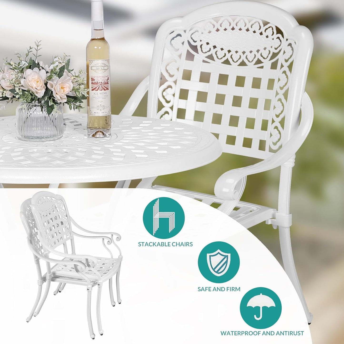 MEETWARM 3 Piece Patio Bistro Set, Outdoor All-Weather Cast Aluminum Dining Furniture Set Includes 2 Chairs and a 31” Round Table with Umbrella Hole for Garden Deck, White