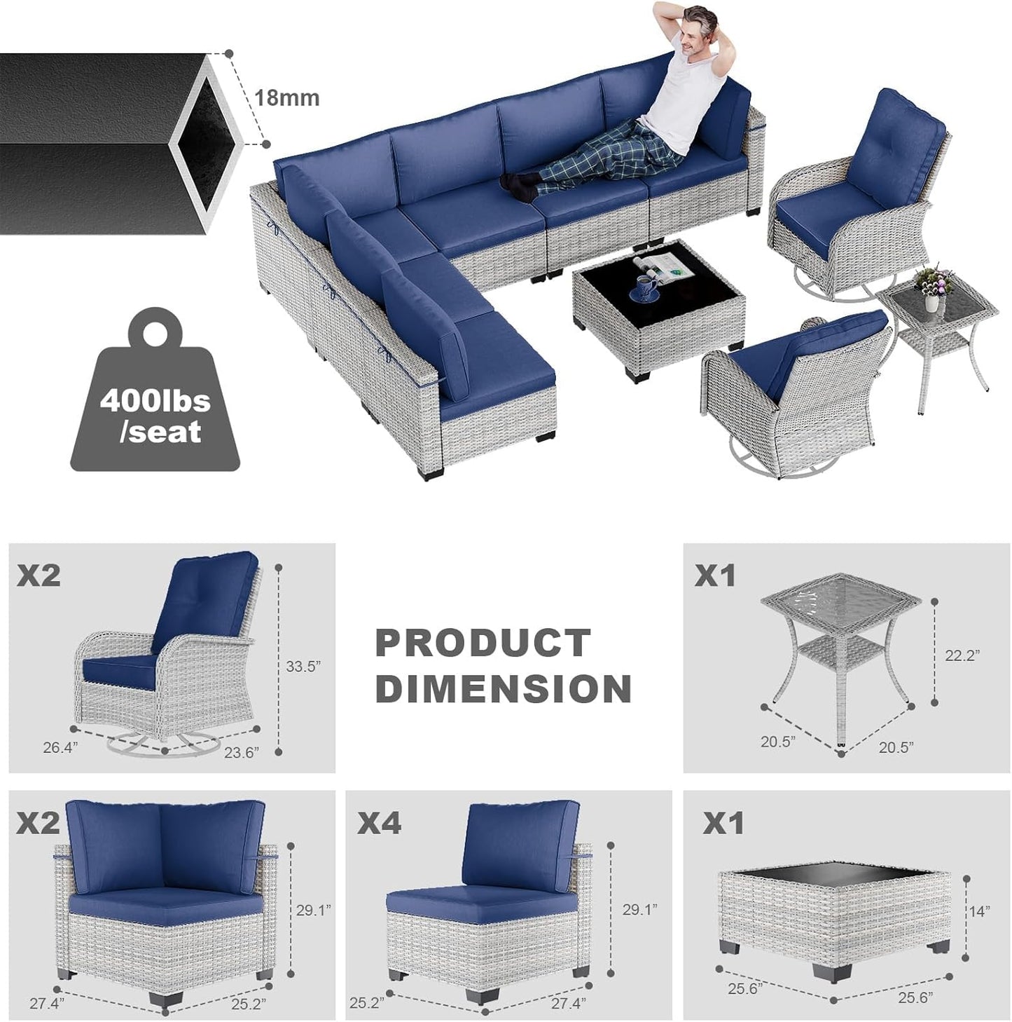 10-Piece Modern Patio Furniture Set with Swivel Chairs, Thick Cushions, Dual-Strand Wicker Rattan, Rust-Resistant Frame, Navy Blue