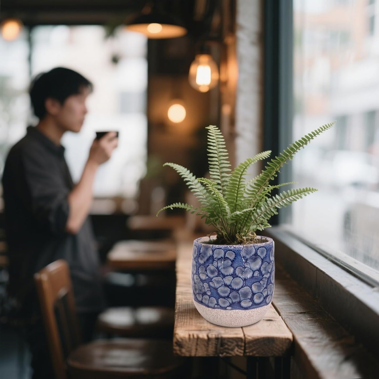 6 in Ceramic Plant Pot with Saucer,Indoor Plant Pot for Plants, Flower Pot with Drainage,Reactive Glaze Blue
