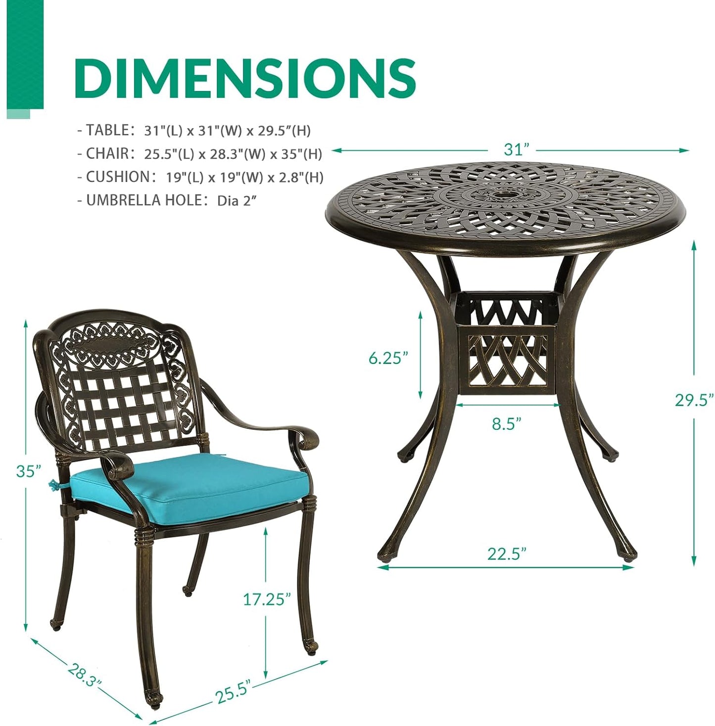 VIVIJASON 3-Piece Patio Bistro Set, All-Weather Cast Aluminum Outdoor Furniture Dining Sets Include 2 Cushioned Chairs and 31" Round Table w/Umbrella Hole for Balcony, Backyard, Ocean Blue Cushion