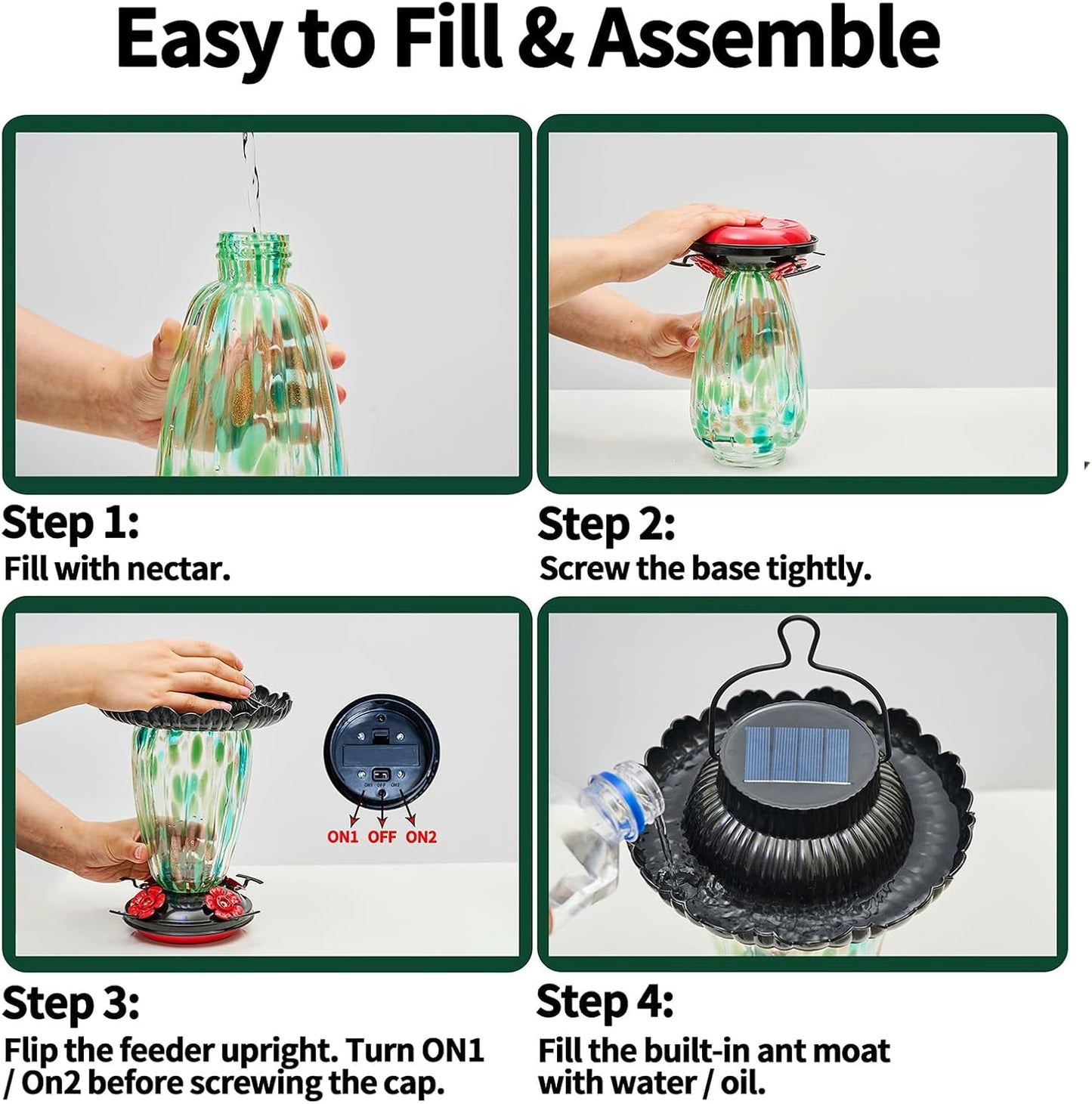 Muse Garden Solar Hummingbird Feeders for Outdoors Hanging, 38oz Hand Blown Glass Humming Bird Feeders for Garden Decor, Moms Birthday Unique, Blue