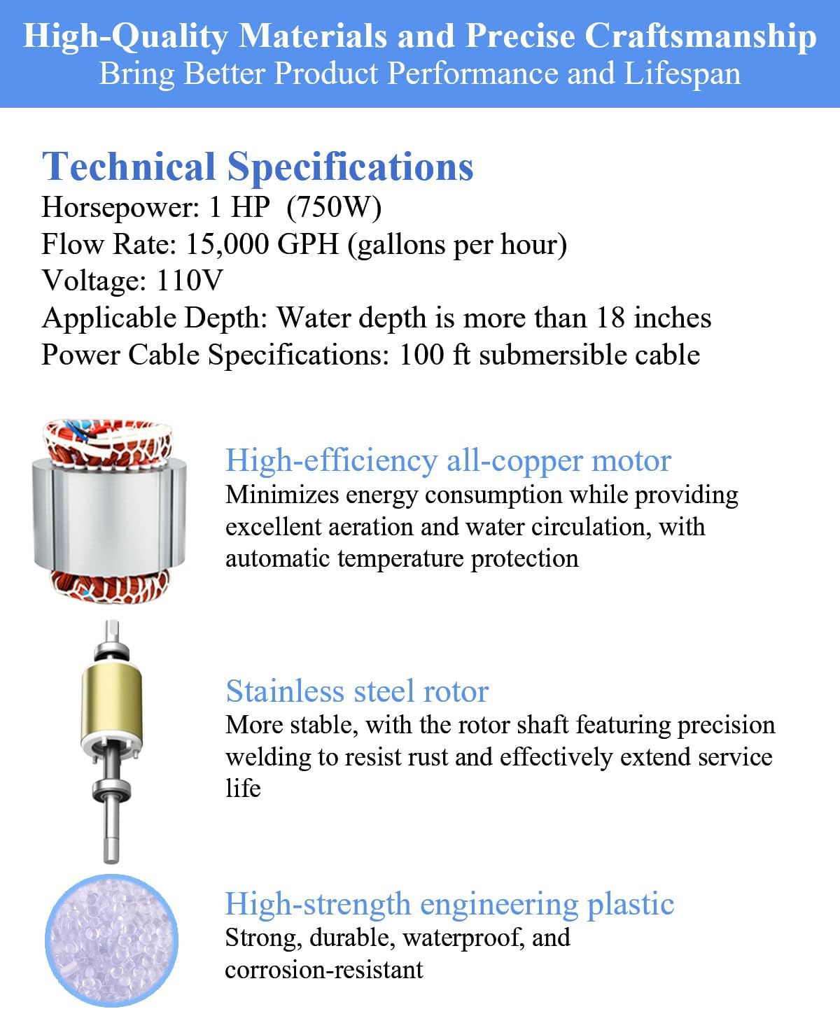 Pond Fountain Aerator 1HP 750W, 110V Floating Fountain with 100FT Power Cord & Digital Timer, 15,000 GPH Water Circulation, 2 Nozzles for Large Ponds, Lakes, Irrigation & Outdoor Water Features