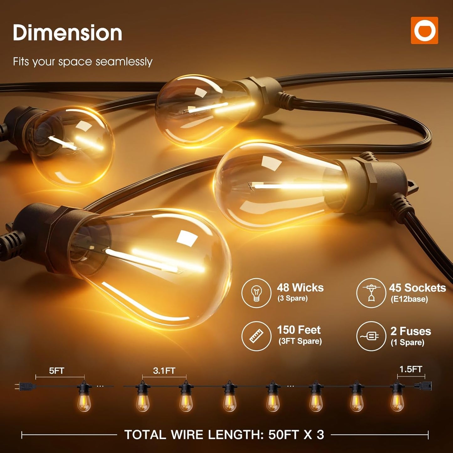 addlon 150FT(3-Pack*50FT) LED Outdoor String Lights with Edison Shatterproof Bulbs, Heavy-Duty and Weatherproof Strand, Commercial Grade Patio Lights, Decorative for Garden or Patio, Black