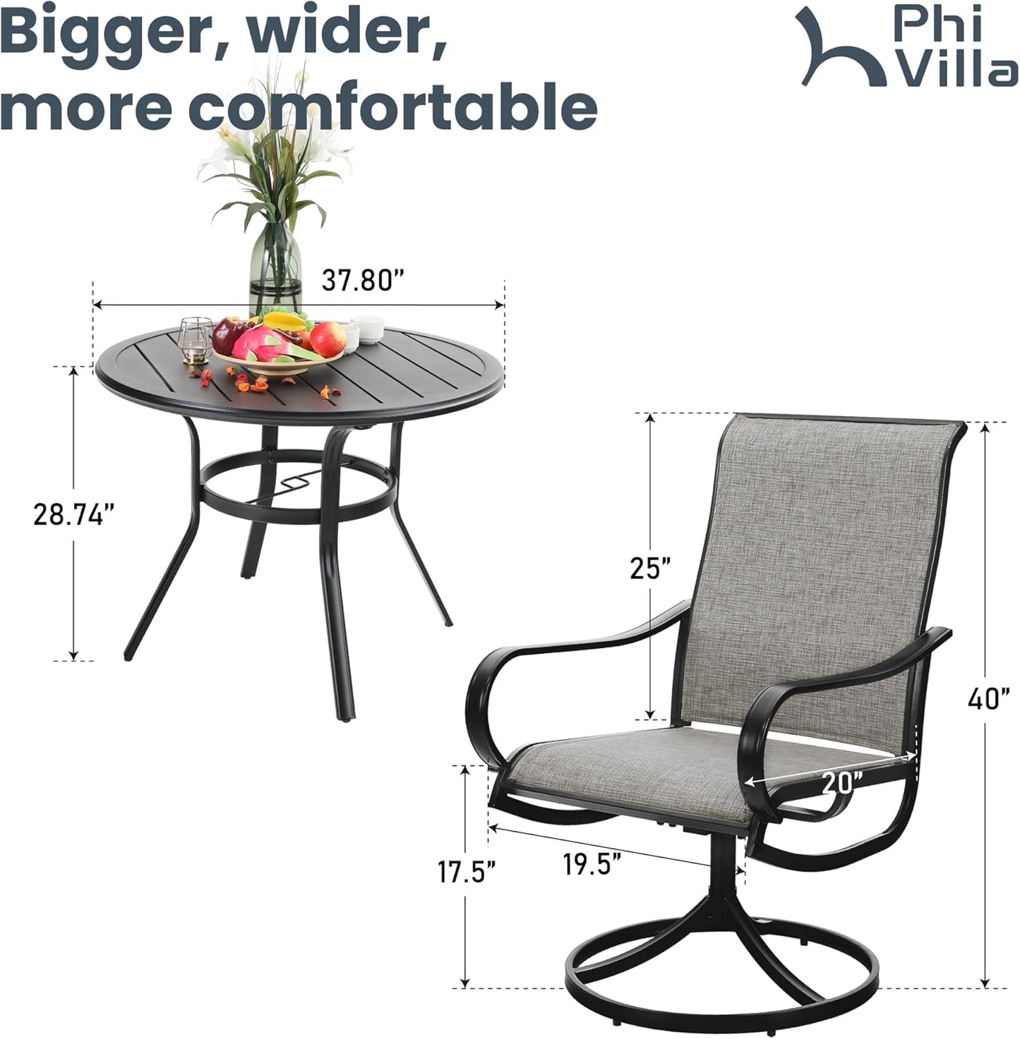 PHI VILLA 5 Piece Patio Dining Set, 4 Swivel Patio Chairs and 1 Round Metal Table with 1.57" Umbrella Hole, All Weather Resistant for Lawn Garden