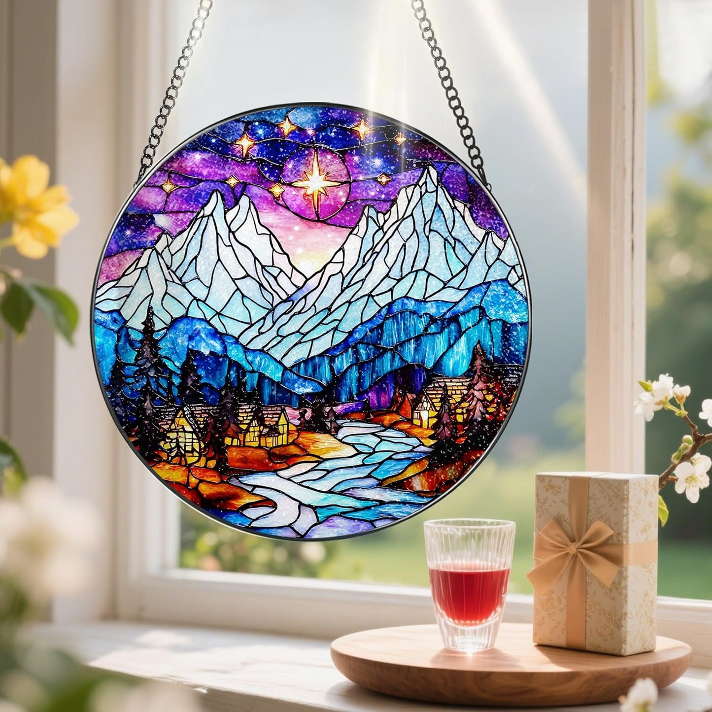 Stained Glass Window Hanging, Pauyadu 8 Inch Night Court Sun Catcher, Stained Glass Suncatcher Ornament, Suncatchers for Windows Hanging, Starlight Lover Gift, Gifts for Women, Friend, Lover