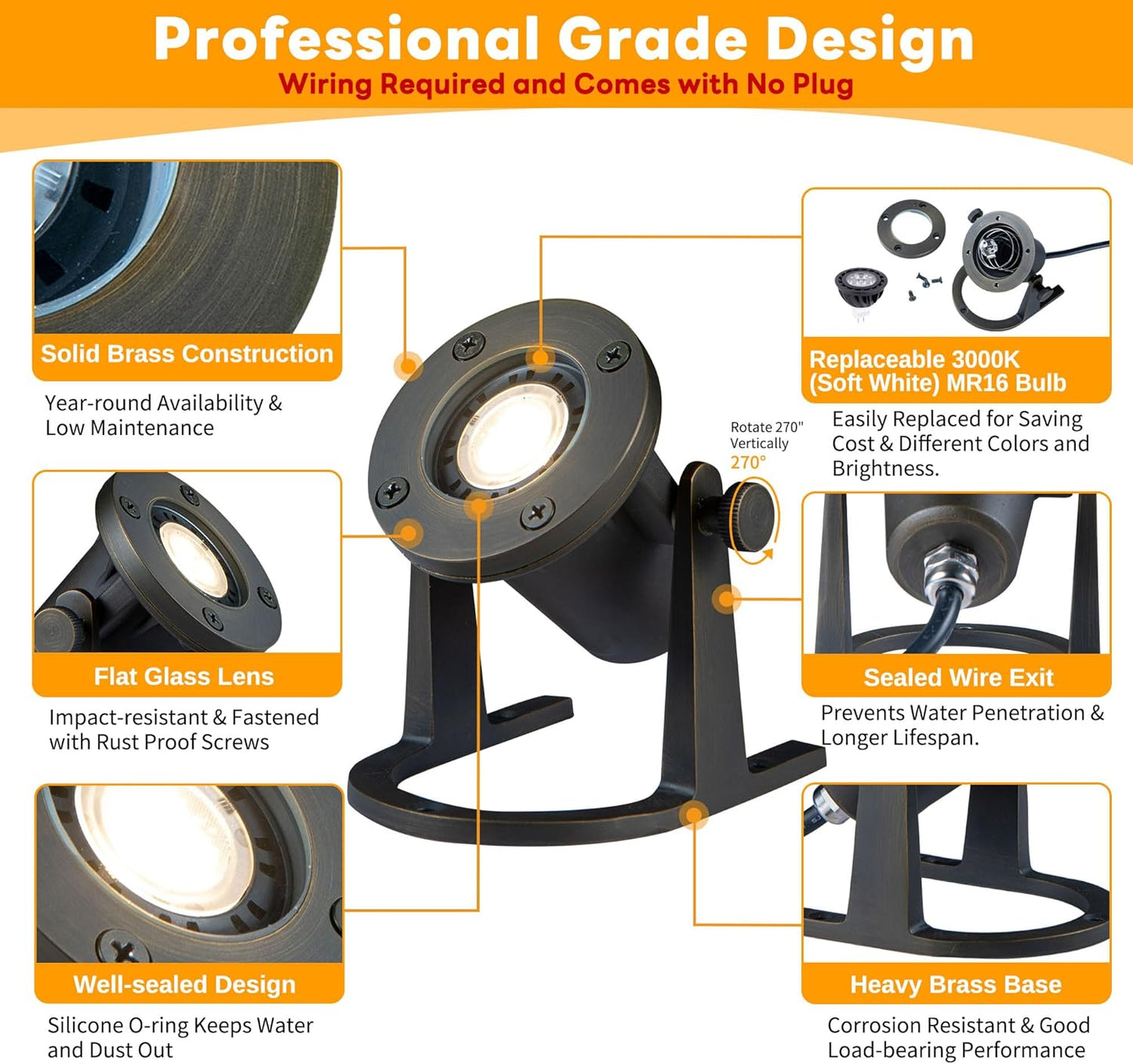 Solid Brass Underwater Pond Light - 12V Low Voltage IP68 Submersible Bronze Fixture, with 3000K MR16 LED for Outdoor Pond Fountain Waterfall Landscape Lighting(12 Pack)