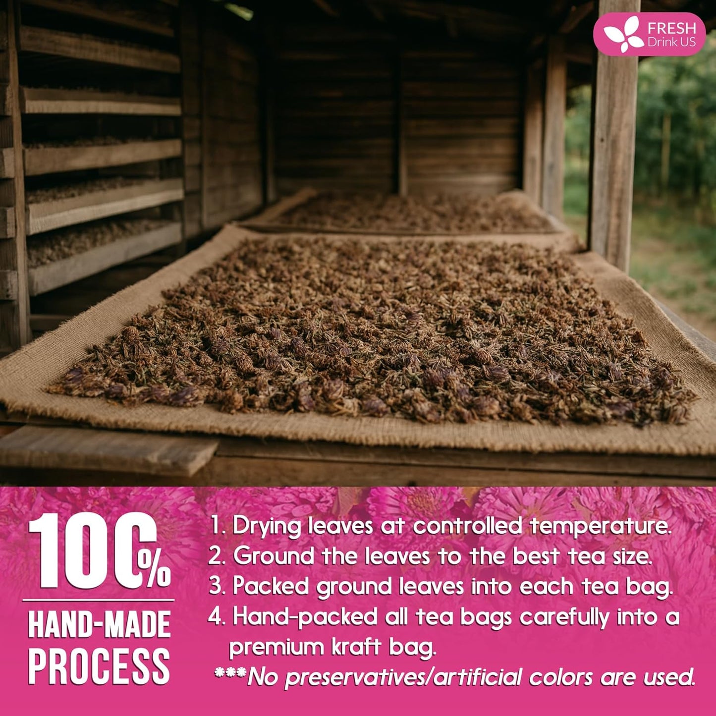 FreshDrinkUS, Premium Red Clover Herbal Teaโ 55 Tea Bags โ Pure โ Naturally Smooth & Mild Flavor โ Premium Quality, Eco-Conscious Packaging. Caffeine-Free. Gluten Free. Vegan