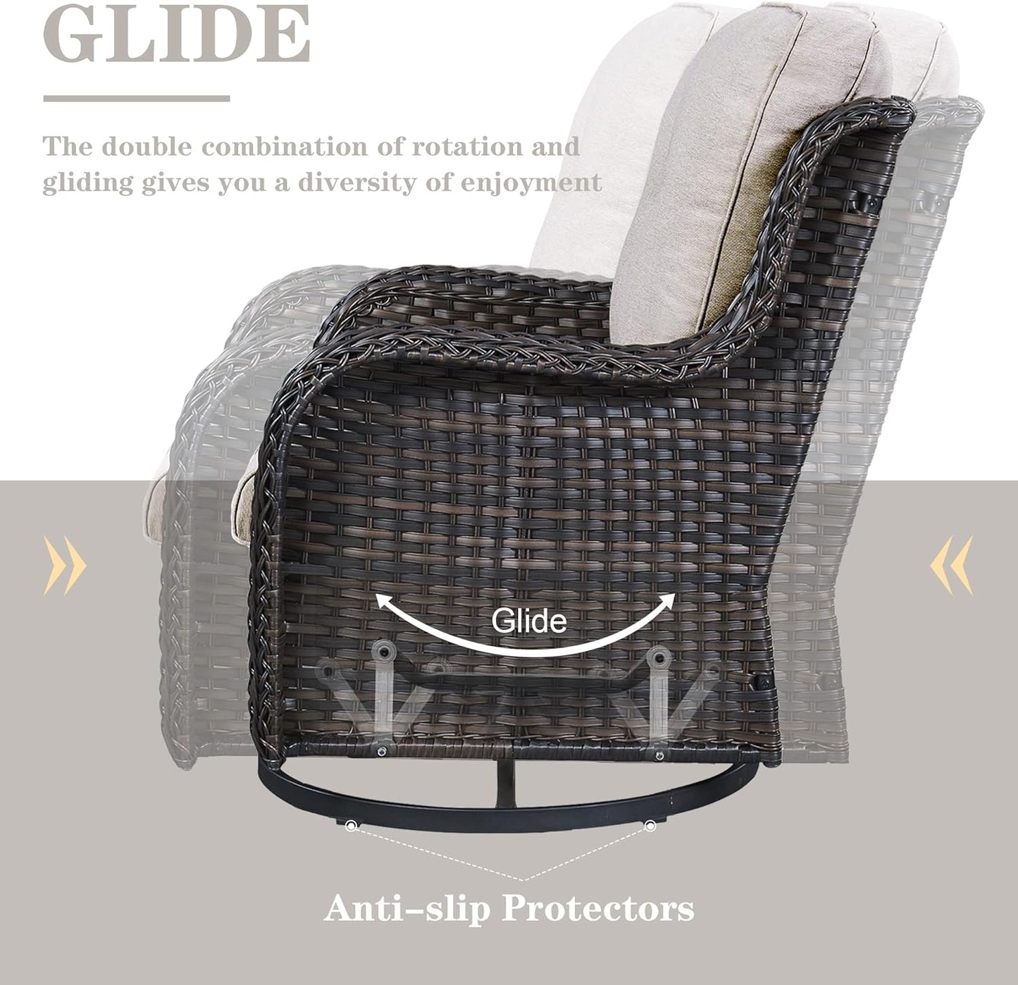 Outdoor Sectional Sofa Furniture Set with 50000BTU Propane Fire Pit Table, Wicker Patio Conversation Set with 2 Swivel Glider Rocker Chairs Beige Cushion Perfect for Backyard Casual Gathering