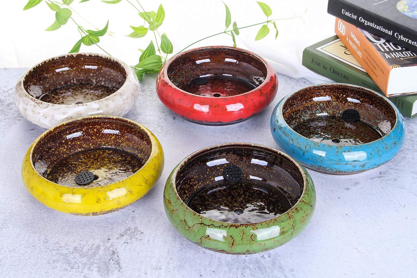 VanEnjoy 7.3 inch Round Large Shallow Succulent Ceramic Glazed Planter Pots with Drainage Hole, Bonsai Pots Garden Decorative Cactus Stand Flower Container (green)