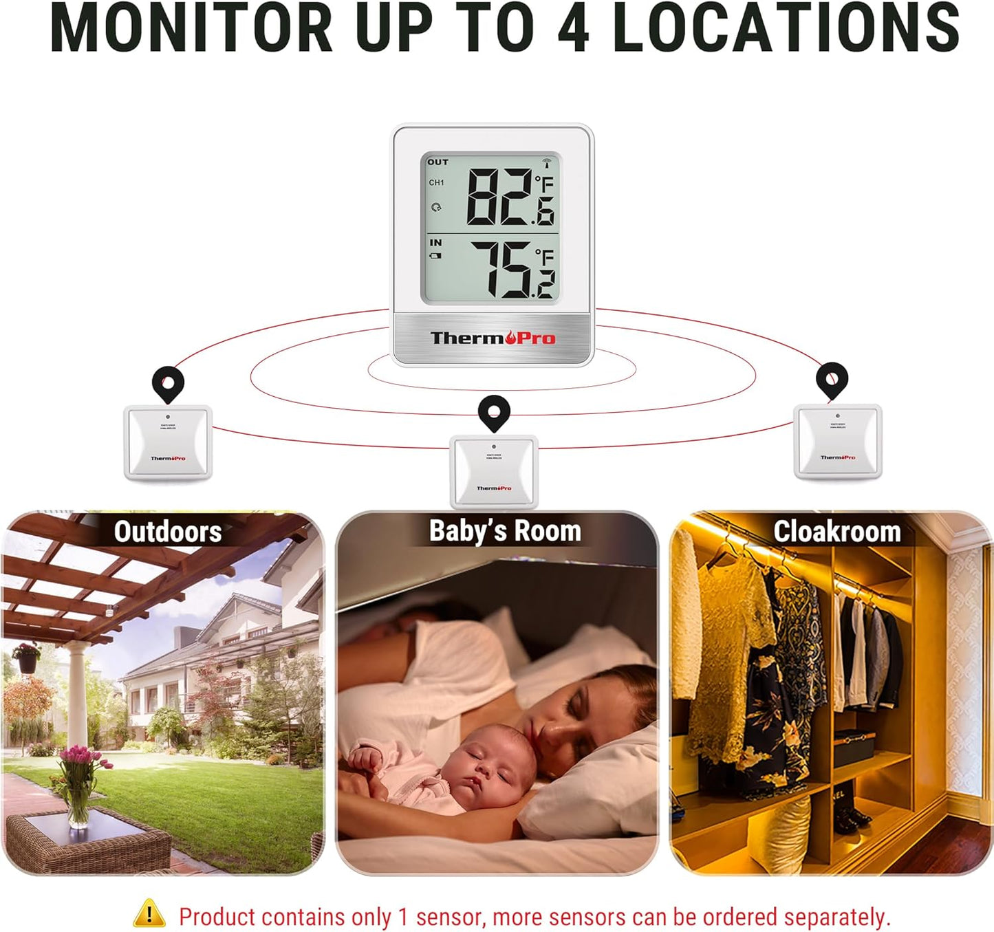 ThermoPro 500FT Indoor Outdoor Thermometer Wireless, Outdoor Thermometers for Patio with Temperature Sensor, Outside RoomThermometer for House Home Reptile Baby Room Temperature Monitor