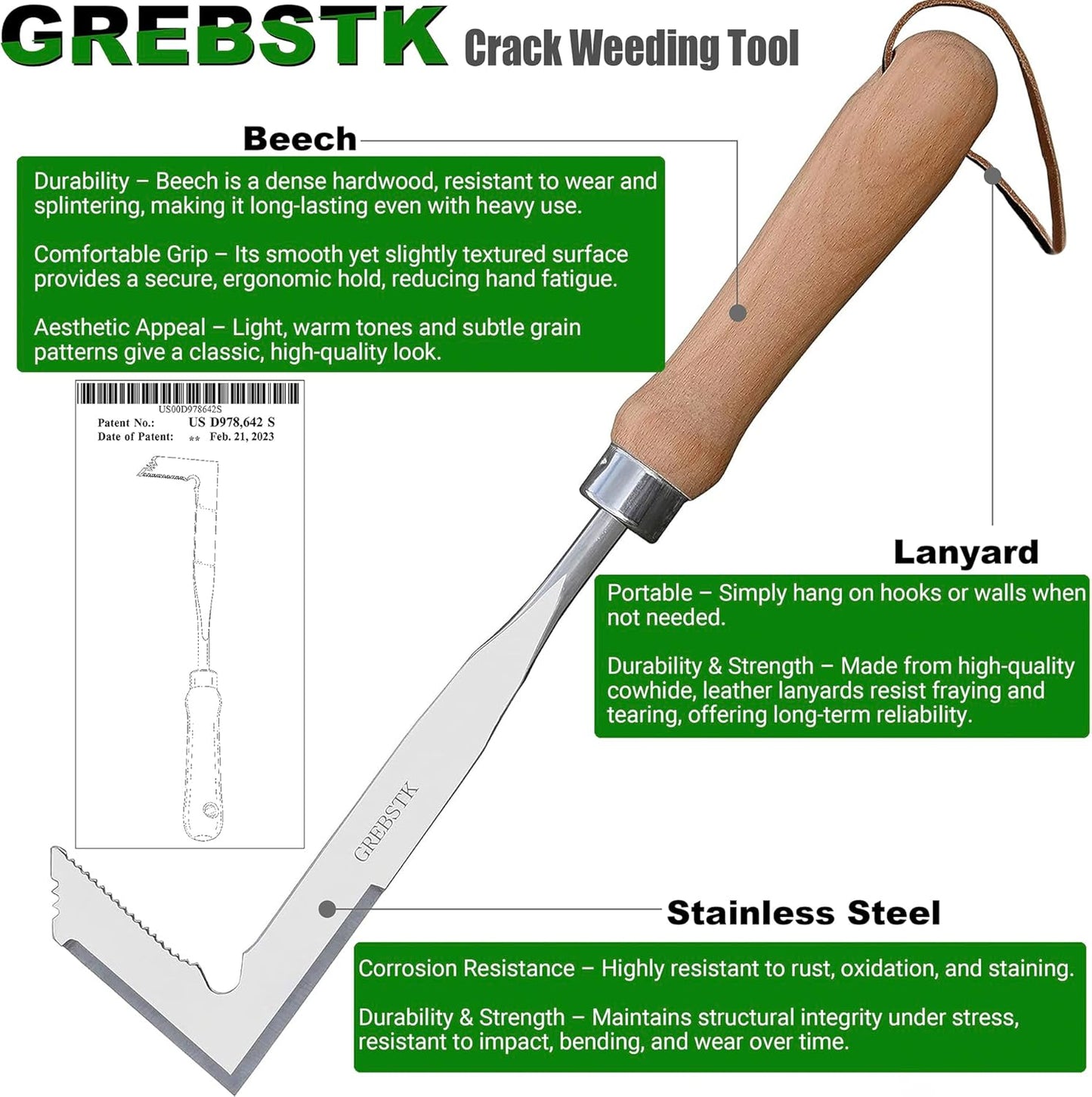 GREBSTK Crack Weeder Crevice Weeding Tool Stainless Steel Manual Weeder Beech Handle Gardening Tool
