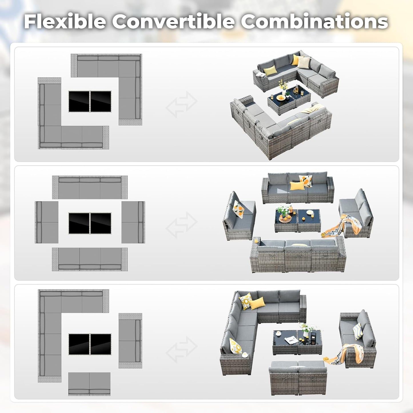 ovios 12 Pieces Patio Furniture Set, Outdoor Wicker Sectional Sofa with Glass Table Comfy Cushions, Modern Modular Deep Seat Couch Rattan Conversation Set, Dark Grey