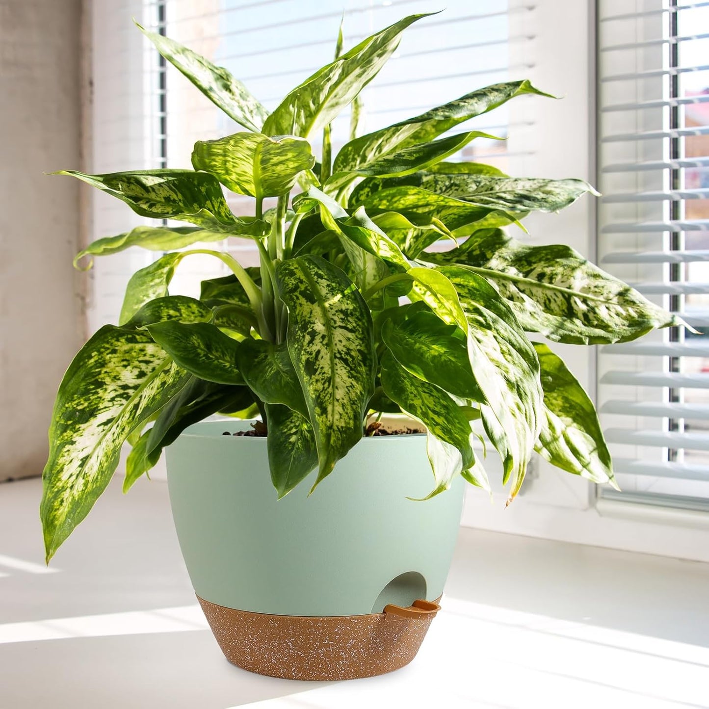 10/9/8 inch Self Watering Pots, Planter, Plant Pots with Mesh Drainage Holes for Indoor Outdoor Garden Plants, Plastic Flower Pots with Deep Reservoir for House Plants, Green with Brown