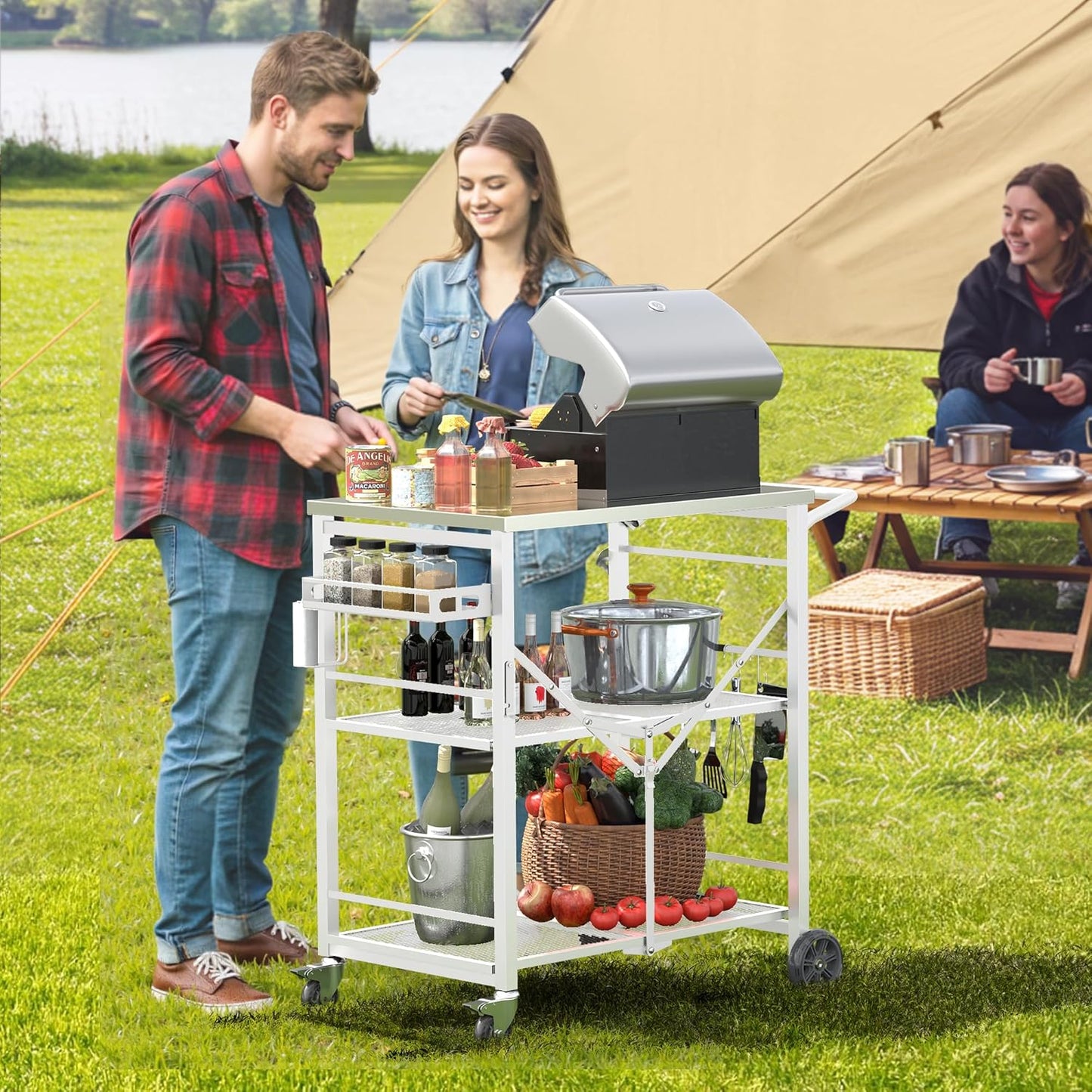 Ciokea Folding Outdoor Grill Cart with Wheels, 3-Shelf Grill Table with 27x18 in Stainless Steel Top, Rolling Pizza Oven Stand, Metal Portable Cart for BBQ Patio Camping (White)