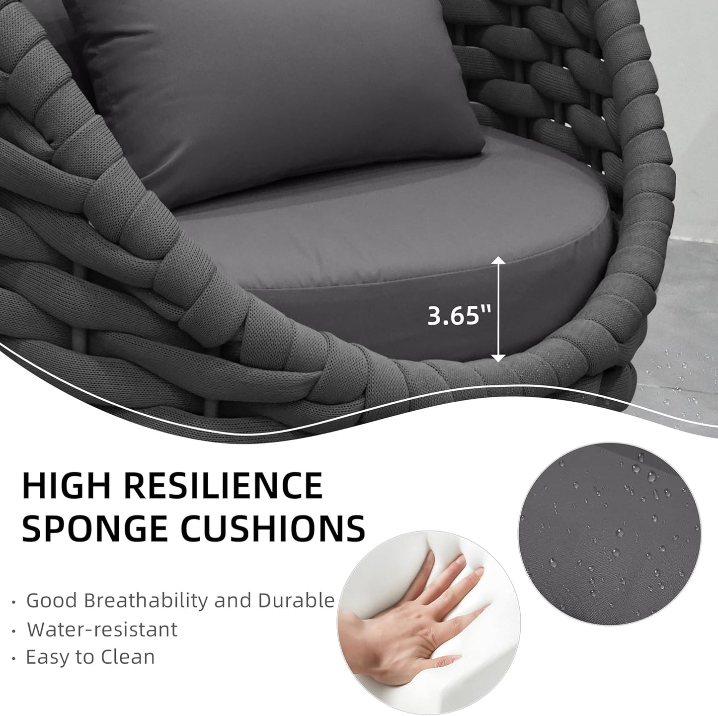 5 Pieces Patio Furniture Set, Outdoor Rope Conversation Sectional Patio Sofa with 5 Seater for Backyard, Porch, Modern Armchairs with Thickness Cushions and Side Table, Dark Grey