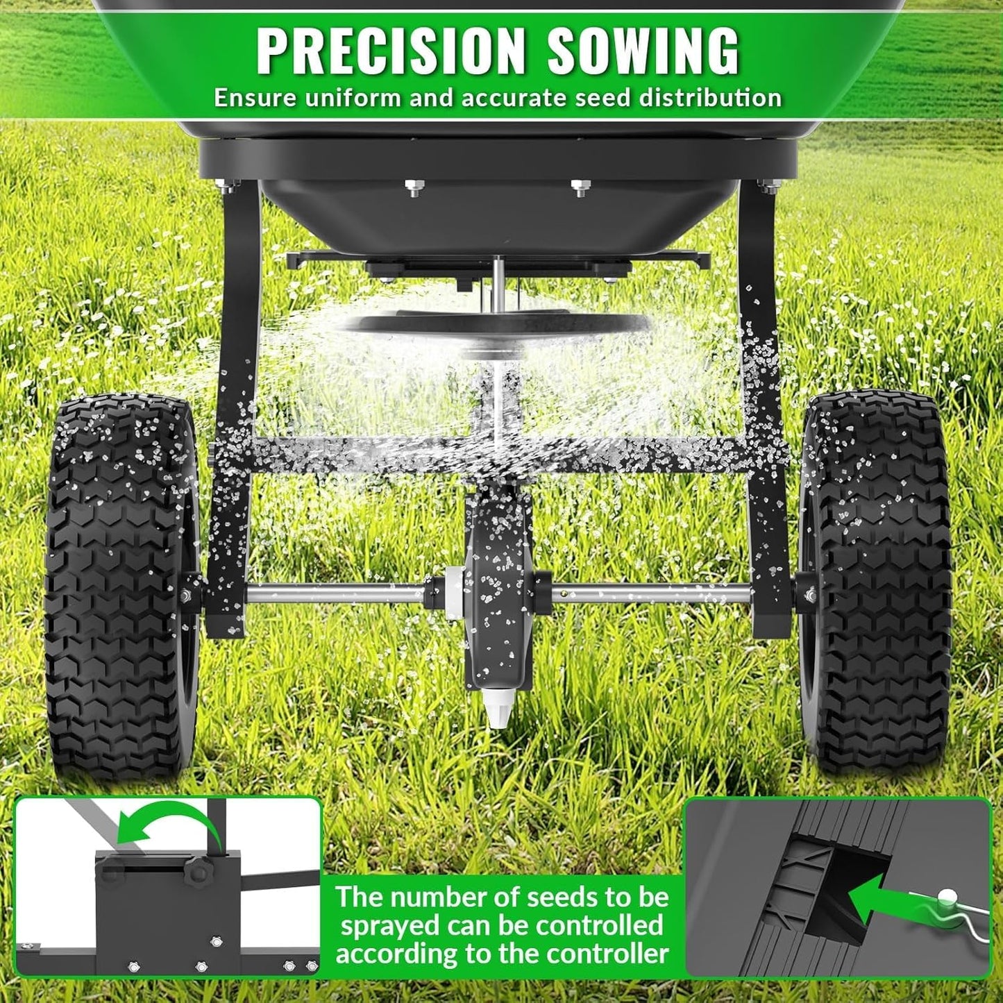 200LB Tow Behind Broadcast Spreader, Fertilizer Spreader Holds up to 550 lbs with 13" Pneumatic Tires and Adjustable Flow Control Lever,for Fertilizer, Grass Seed, Salt, Ice Melt, Lawn