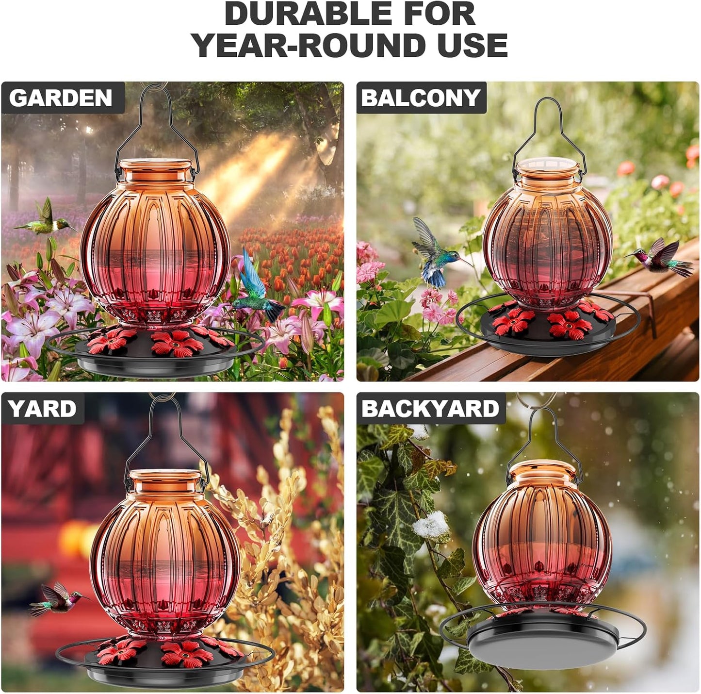 Glass Hummingbird Feeder for Outdoors Hanging, 26Oz Bird Nectar Feeder with Perch & 5 Flower Feeding Ports, Leak Proof for Outside Garden Decor Backyard, Gifts for Women Mom, Clear & Red