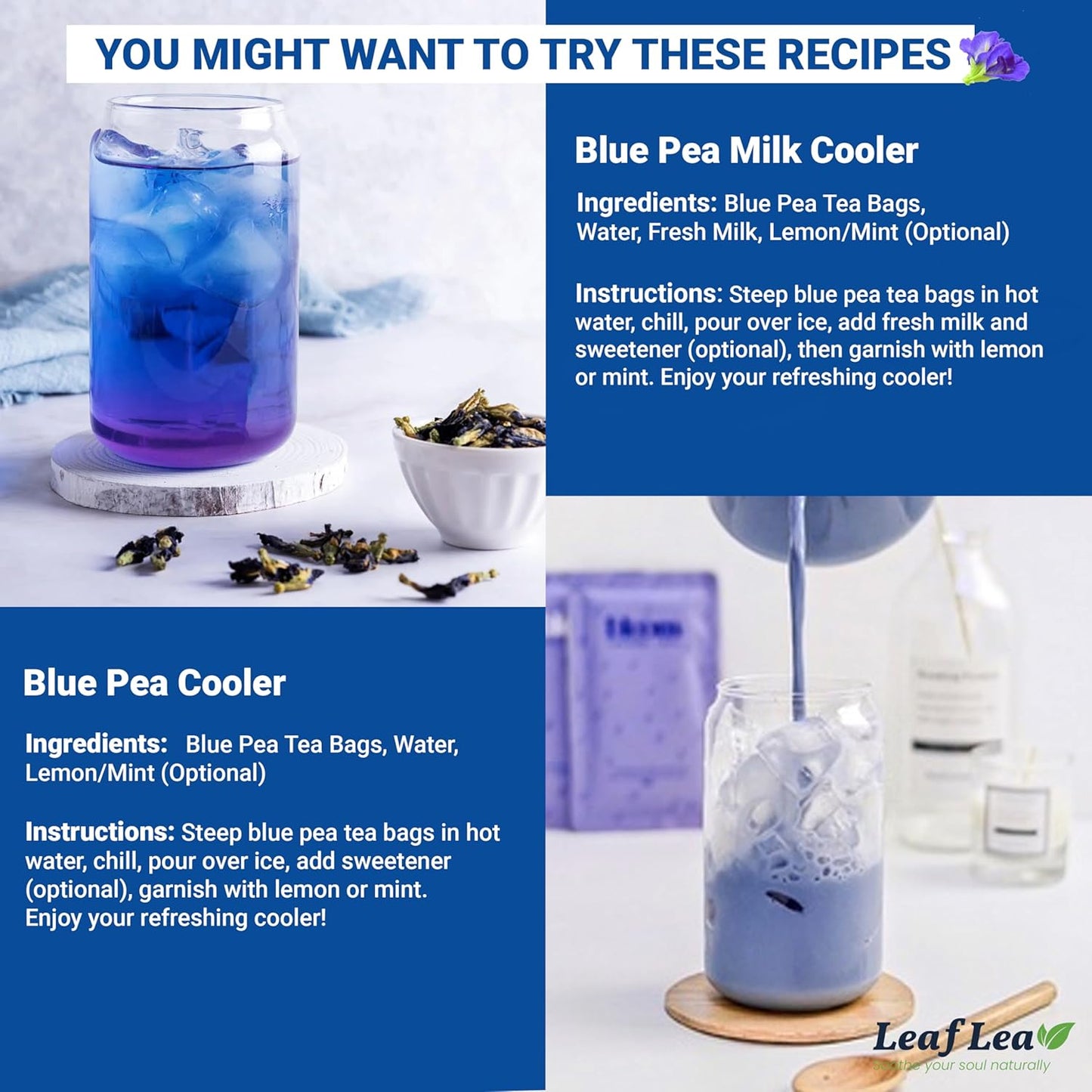 LeafLea 80 Butterfly Pea Flower Tea Bags, Natural Herbal Tea for Blue and Purple Drinks, Mocktails, and Food Coloring, Caffeine-Free, Sugar-Free, Non-GMO, Pack of 2