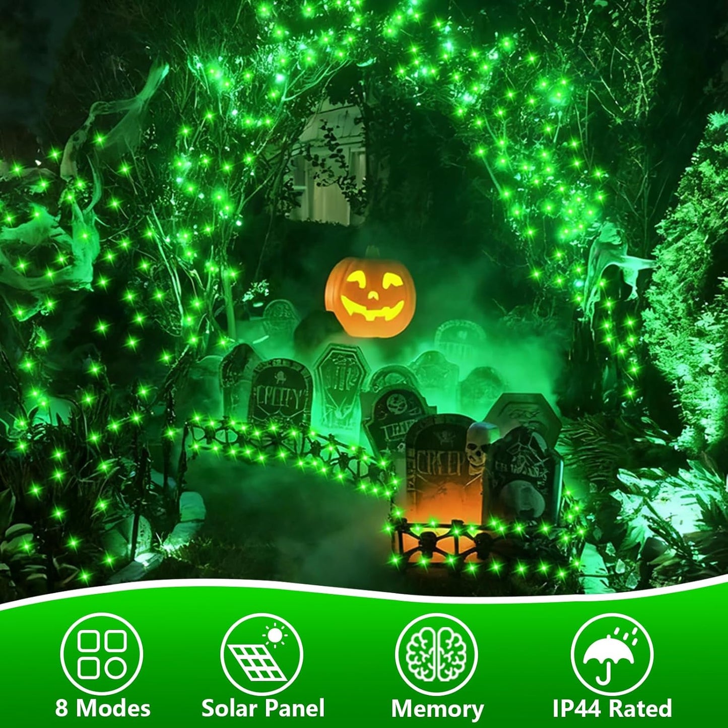 QITONG 2 Pack Green Solar Fairy Lights, Each 66ft 200 LED Solar String Light, 8 Modes Silver Wire Solar Twinkle Mini Lights