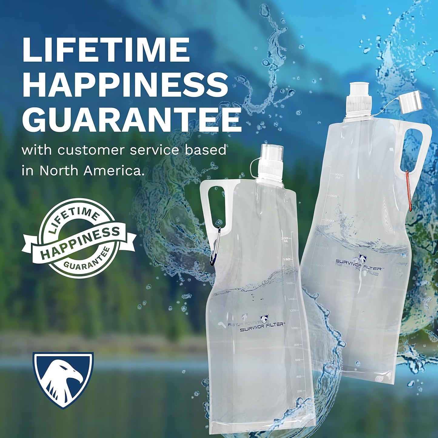 Survivor Filter Collapsible Water Bottles, Canteens (32oz) 2 Pack (2L Total) - Durable Carabiners and Handles. Squeeze Water through a Filter or Use as Water Bottles