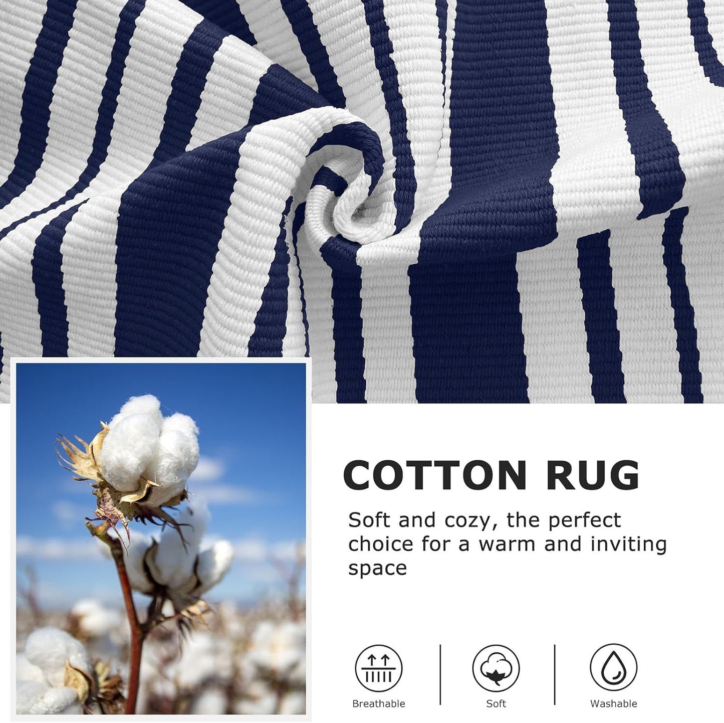 IOHOUZE Navy and White Striped Rug 2'x3' Front Door Rugs, Small Washable Area Rug for Front Porch, Spring Summer Doormats Outdoor Indoor, Cotton Rugs for Entryway Porch Entrance