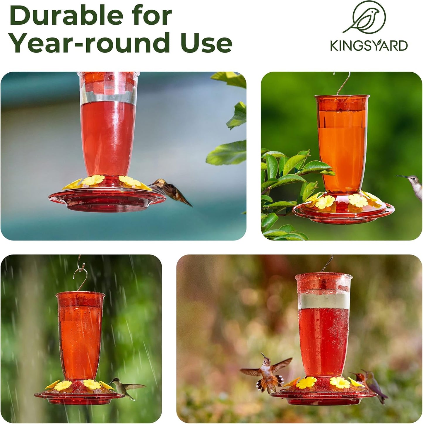 Kingsyard Hummingbird Feeder for Outdoors Hanging - 6 Bee Guard Feeding Ports & Built-in Ant Moat, Wild Bird Feeder for Outside Garden Yard Patio 16 Oz, Clear