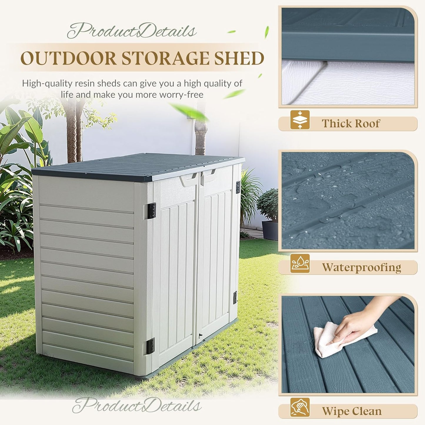 Greesum Outdoor Horizontal Resin Storage Sheds 34 Cu. Ft. Weather Resistant Resin Tool Shed, Extra Large Capacity Weather Resistant Box for Bike, Garbage Cans, Lawnmowe, Without Divider, White