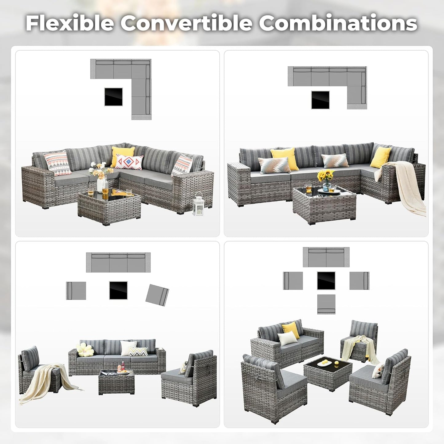 ovios 6 Pieces Patio Furniture Set, Outdoor Wicker Sectional Sofa with Glass Table Comfy Cushions, Modern Modular Deep Seat Couch Rattan Conversation Set, Dark Gray Stripe