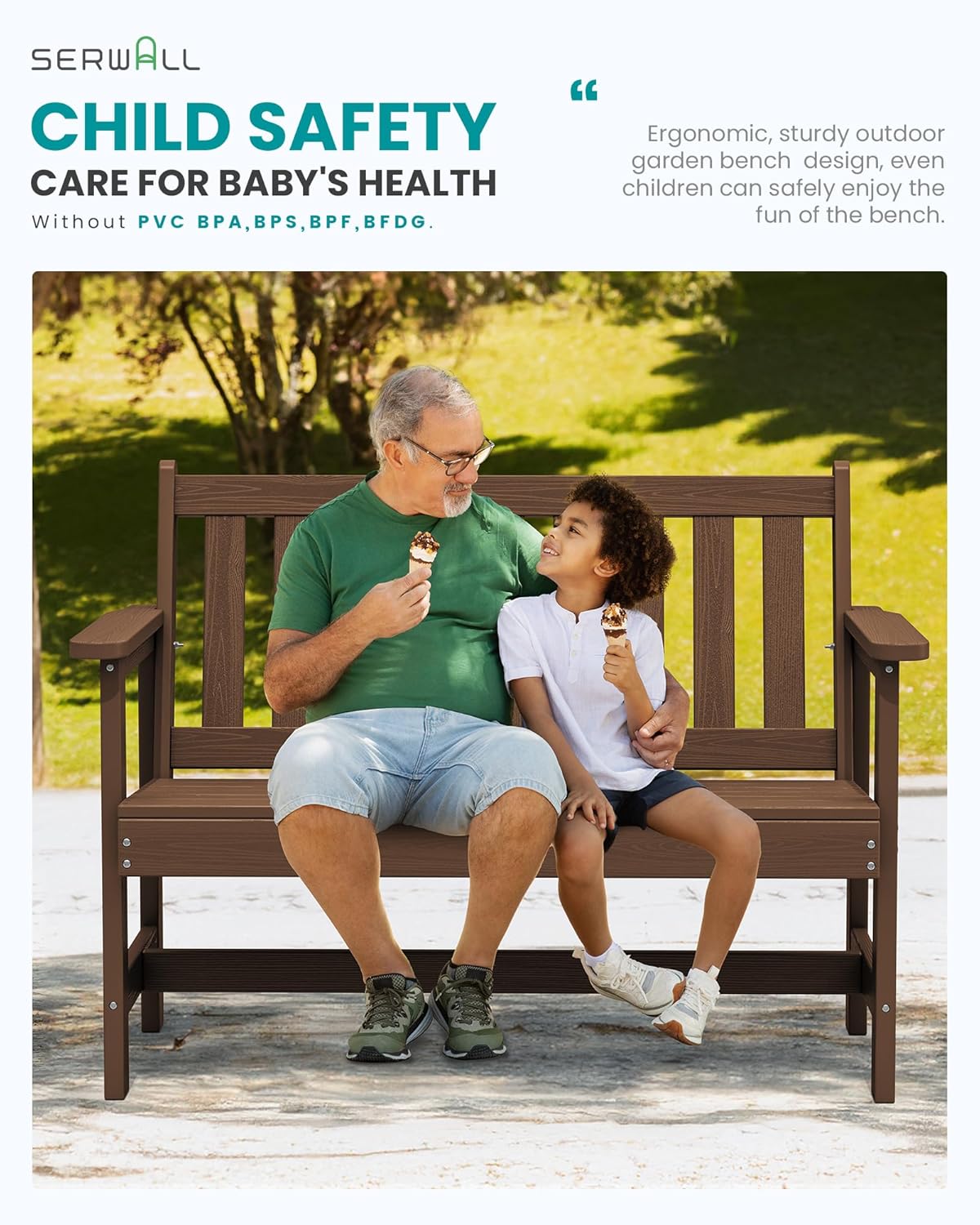 SERWALL Outdoor Bench, HDPE Outdoor Benches Weatherproof, 2-Person Garden Bench with 660 lbs Weight Capacity, Patio Benches for Outdoors, Garden, Porch, Backyard and Park, Brown