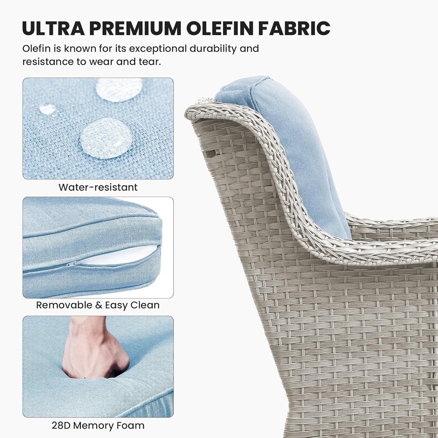 Outdoor Sofa Couch Wicker Furniture 3-Seater Rattan Sofa Patio Furniture Set with Washable 4“ Baby Blue Cushions