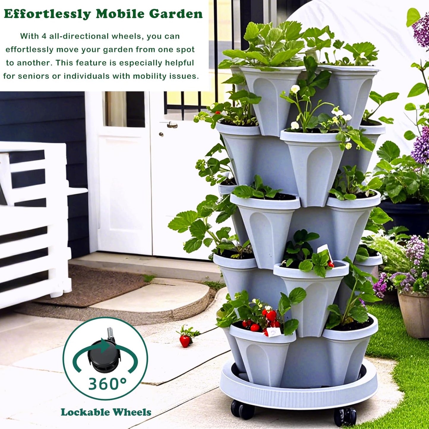 Strawberry Planters, 7 Tiered Vertical Stackable Planter, Herb Stacking Tower Garden, Flower and Vegetable Planters with Support Pole Indoor and Outdoor with Removable Wheels - White