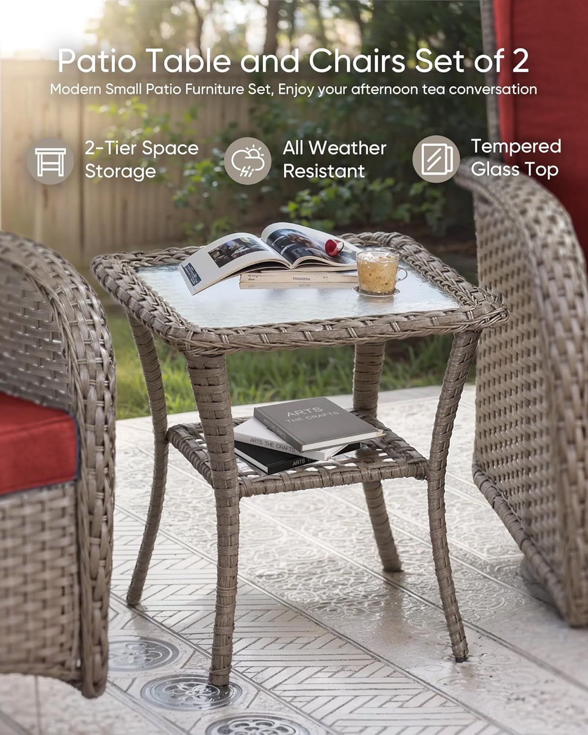 Patio Furniture-All Weather Wicker Patio Conversation Sets with Swivel Patio Chairs High Back Outdoor Couch with Swivel Rocking Chairs Outdoor Furniture for Deck Lawn Porch Balcony Poolside-Grey/Red