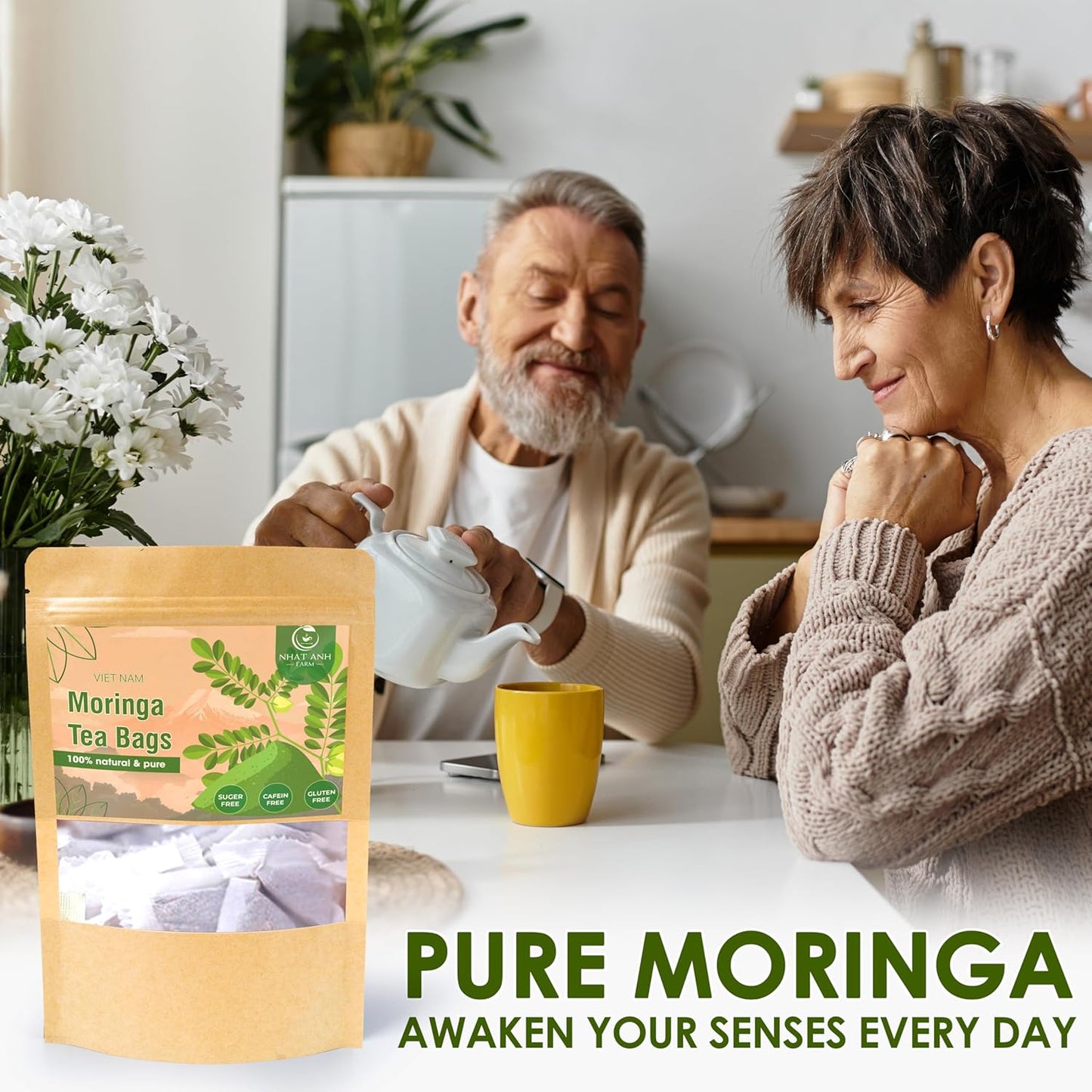 NHAT ANH FARM - Premium Moringa Tea Bags, 40 Tea Bags, 100% Natural Dried Moringa Leaves, Naturally Sweet Herbal Tea, Sugar-Free, Caffeine-Free, No Additives